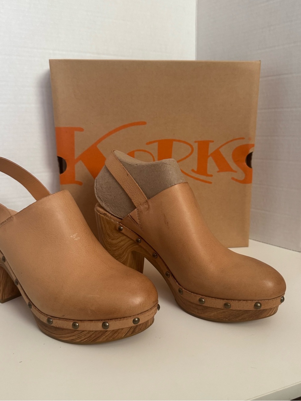 Kork-Ease Tan Leather Studded Wooden Clog Heels - Picture 2 of 3
